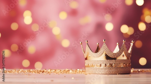 A majestic golden crown sits adorned with sparkling stones against a pink bokeh backdrop.