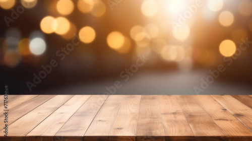 A warm and inviting wooden table surface basking in the soft glow of bokeh lights.