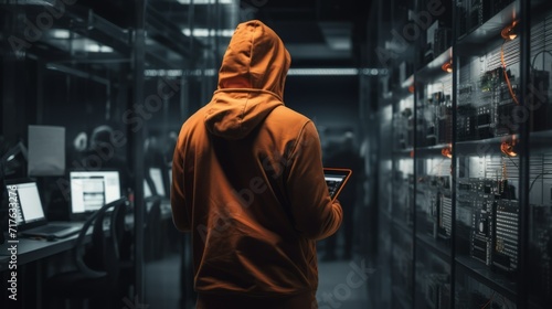 A rear view of an IT engineer, programmer, hacker wearing an orange jacket, working with a tablet in the server room of a high-tech company.