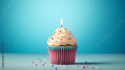blue cupcake candle with black candle lit on colful background