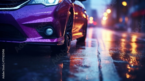 Close-up of a shiny purple car parked on a wet urban street, reflecting city lights at dusk. © tashechka