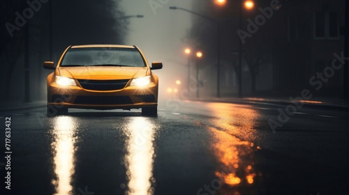 Yellow sedan car with headlights on driving through a foggy road in an empty city.