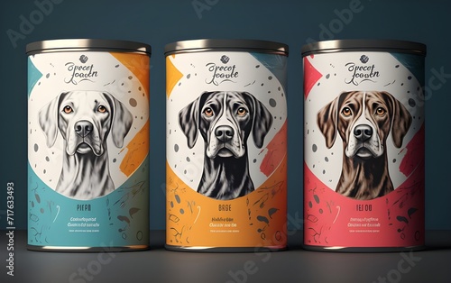 3d mockup of packaging and labels on dog food cans. photo