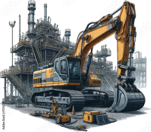 excavator with building under construction background