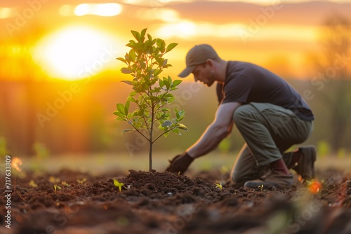 Sunset Gardening: A Man Tending to a Tree in the Sunset Generative AI