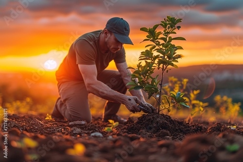 Sunset Gardening: A Man Tending to a Tree in the Sunset Generative AI