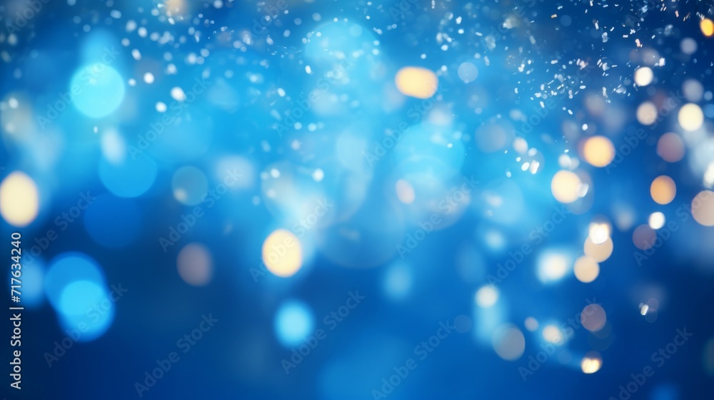 Abstract background of blue bokeh lights, representing a festive, dreamy or magical atmosphere.