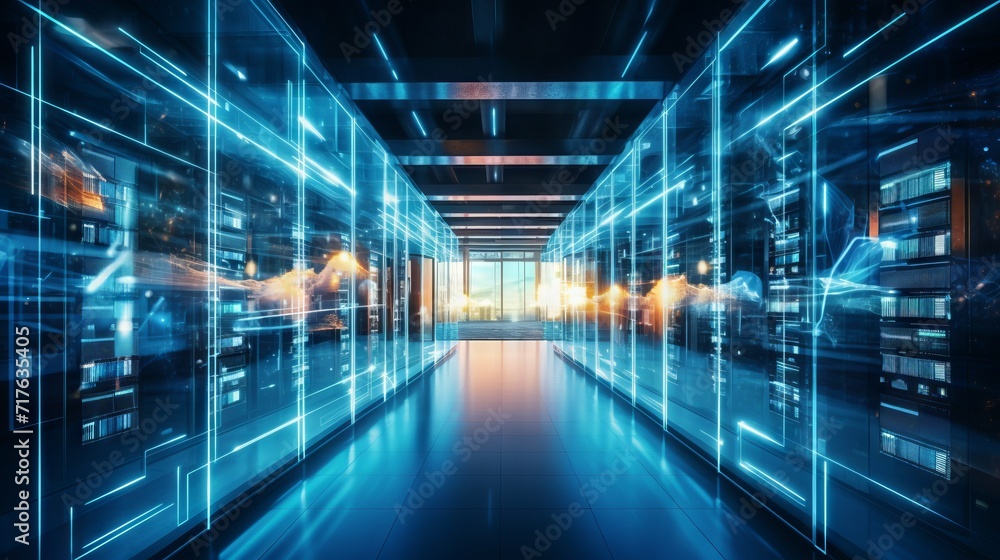 A data center with several rows of workable server racks. Modern telecommunications, artificial intelligence, supercomputer technology concepts. A data center with several rows of workable server racks. Modern telecommunications, artificial intelligence, supercomputer technology concepts.