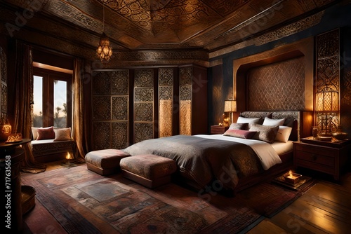 a luxurious Middle-Eastern bedroom featuring opulent textiles, intricate patterns, and ambient lighting, offering a serene and indulgent retreat © Ghouri