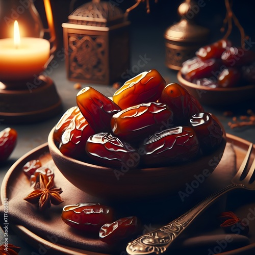 Close up of Fresh dates served on a plate with cinematic lighting and copy space area. Suitable to eat as an iftar menu during the month of Ramadan 