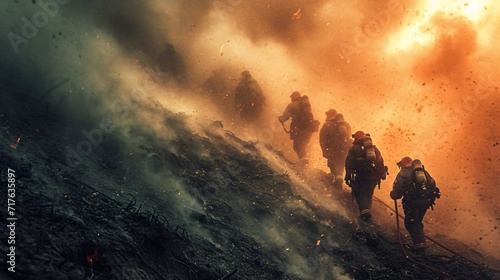 Valokuva Firefighters Battle Blazing Wildfire on Steep Hill Generative AI