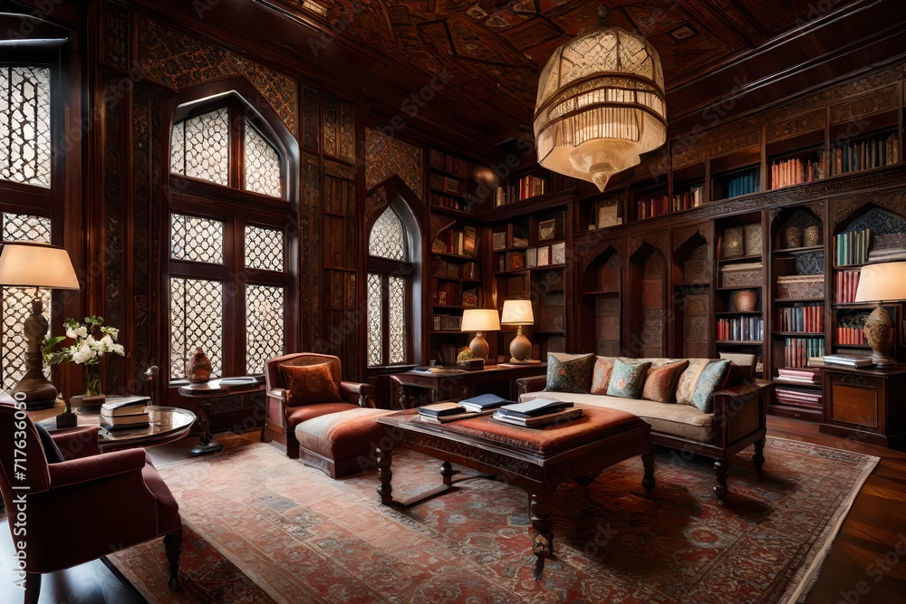 Middle-Eastern study with dark wood paneling, intricate rugs, and plush seating, establishing a refined and intellectual ambiance