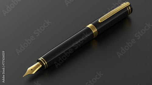 Elegant fountain pen in black and gold on the gray table, pen mockup