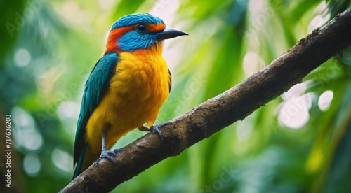 colored beautiful bird sitting on the tree in the jungle, colored wild bird, colored wild bird sitting on the branch of tree in jungle © Gegham