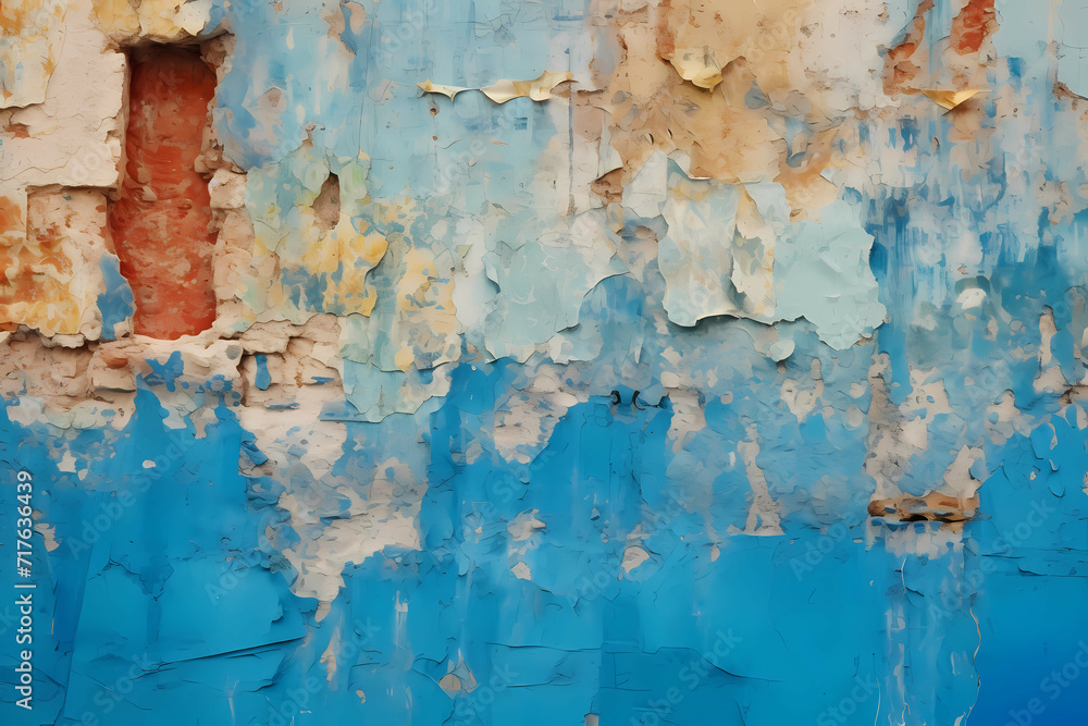 A Damaged Wall With Blue Paint, A Close Up Of A Wall