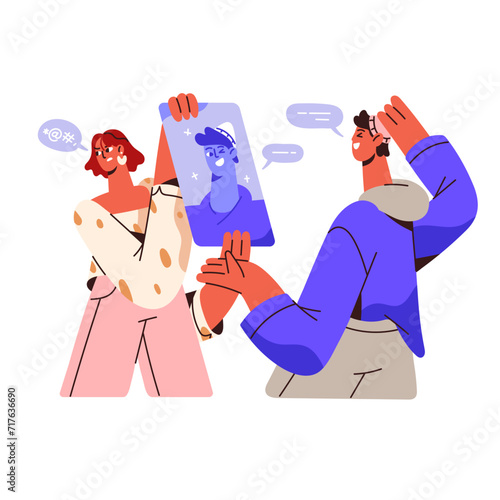Hypocrisy concept. Disgusted liar pretends, hides hate, condemnation, shows fake mask. Insincere friend hypocrite in relationship. Dishonesty flat isolated vector illustration on white background