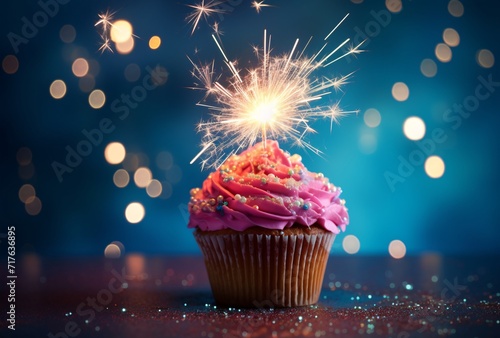 colorful cupcake with sparkler on a blue table