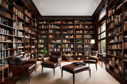 Australian study with a mix of dark wood and leather furnishings, complemented by floor-to-ceiling bookshelves and a tranquil garden view