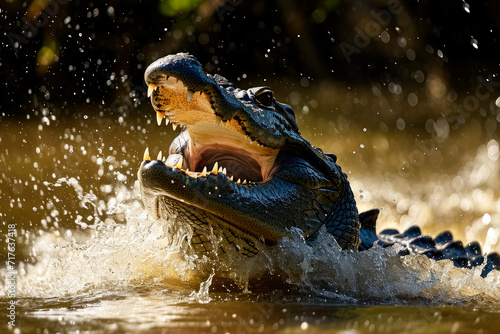 Attack of a alligator from the water. photo