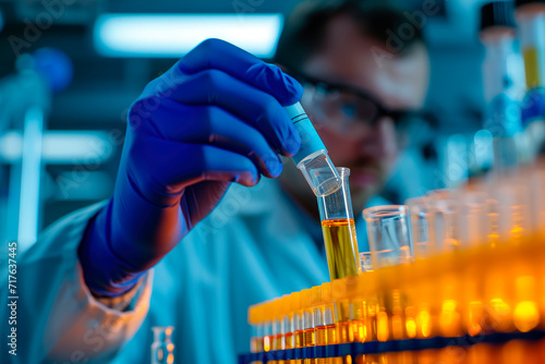 Hand of chemical with a sample in tube pcr in the research laboratory.