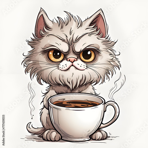 Cute cartoon cat with a coffee cup. Catss and coffee lovers design for stickers and printable products. Amazing digital illustration. CG Artwork Background photo