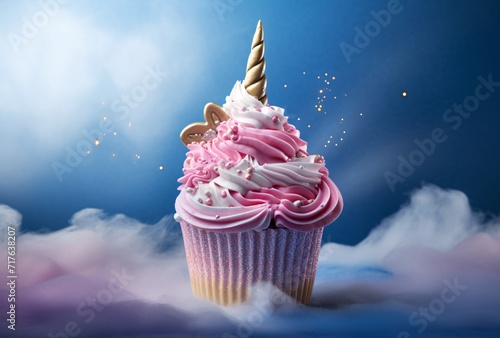 cupcake with unicorn horn decoration on background photo