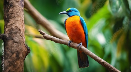 colored beautiful bird sitting on the tree in the jungle, colored wild bird, colored wild bird sitting on the branch of tree in jungle