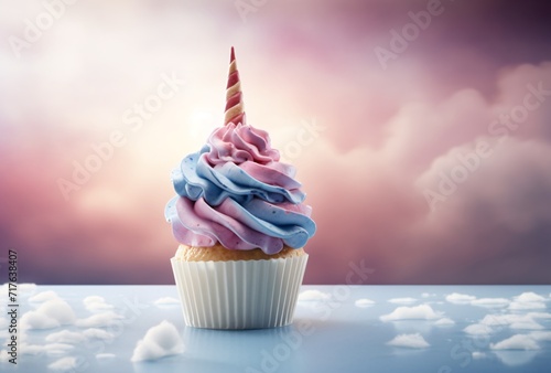 cupcake with unicorn horn decoration on background