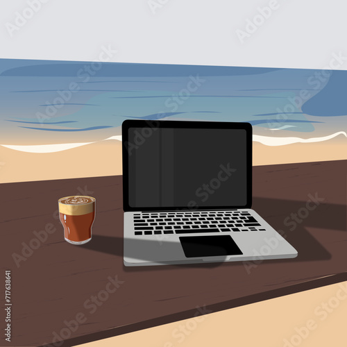 Laptop and coffee on the table. On the beach. Freelancing