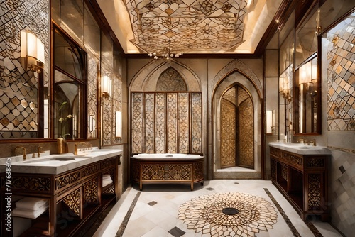elegant Middle-Eastern bathroom oasis with marble surfaces  intricate tile work  and soft  ambient lighting  exuding a sense of luxurious tranquility