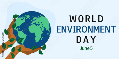 Hands holding the planet. World Environment Day. June 5. Save earth. Template for banner, flyer, presentation, card, poster. Vector illustration.