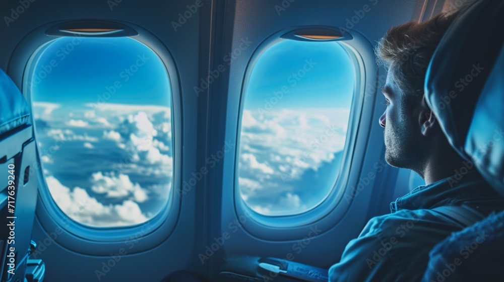 Passenger on an airplane, sitting in an aisle seat and is looking out the window