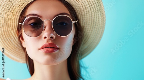 Stylish woman wearing a straw hat and trendy sunglasses