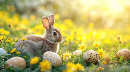 Happy Easter day Bunny surrounded by colorful eggs in a lush green field   joy of the holiday season with nature s beauty and playful wildlife