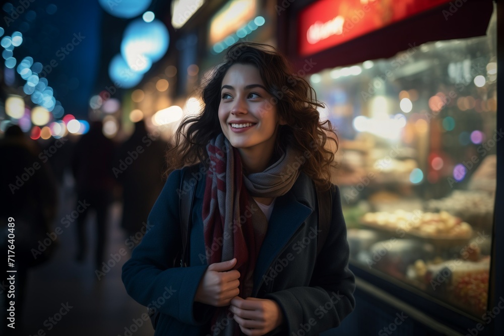 Radiant woman in city lights, joyfully smiling at night.