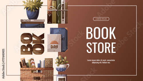 Banner design with books, potted plants and wooden word "book". Bookstore, bookshop, book lover, reading, interior concept. Vector illustration for advertising, banner, promo.