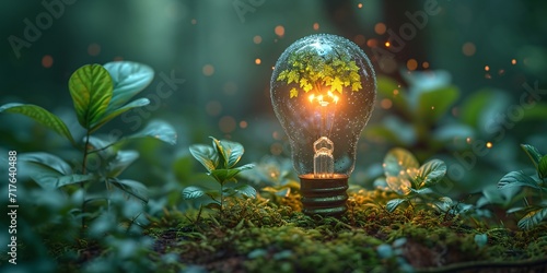 Glowing Green Lightbulb in a Mossy Forest: A Sustainable, Eco-Friendly Solution for Earth Day Generative AI