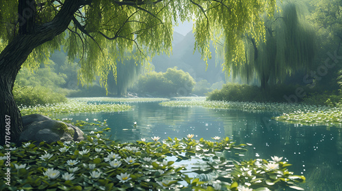A serene pond surrounded by weeping willows, their branches gracefully dipping into the water, creating a picture of tranquility. 