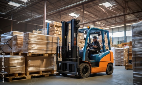 A Man Operating a Forklift in a Busy Warehouse