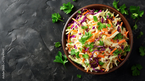 Top down view of a plate with coleslaw with creamy dressing on a dark texture background photo