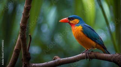 colored beautiful bird sitting on the tree in the jungle, colored wild bird, colored wild bird sitting on the branch of tree in jungle