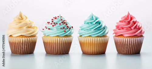four cupcakes with colored frosting on a white background