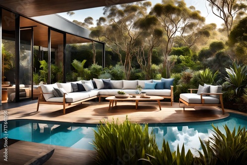 Australian outdoor lounge area with comfortable seating, surrounded by native plants and overlooking a pristine pool, providing a perfect relaxation spot