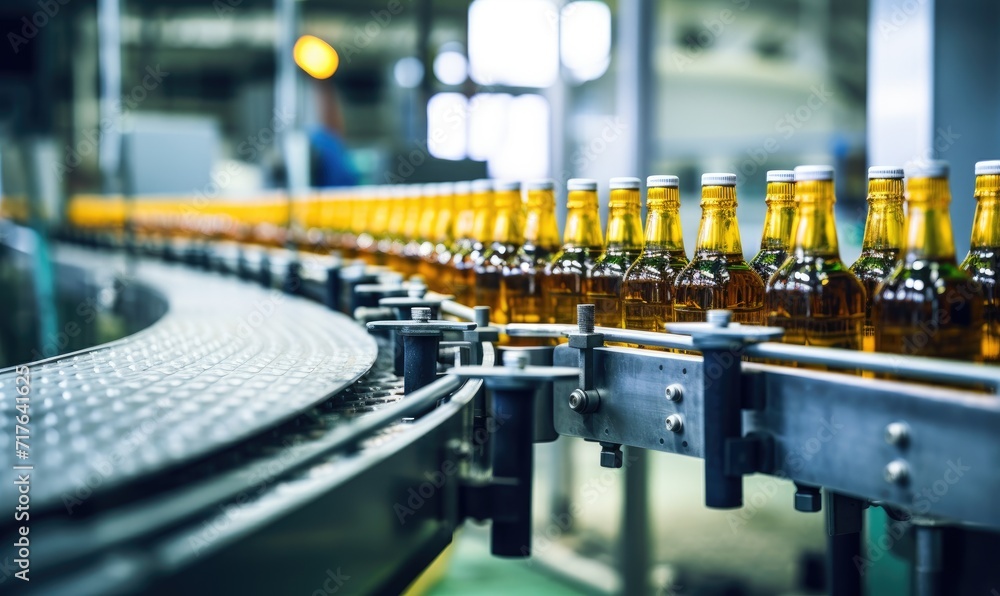 Lined Up Bottles of Beer on a Conveyor Belt