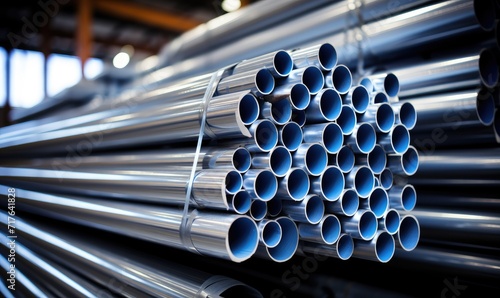 A Towering Stack of Industrial Steel Pipes in a Spacious Warehouse