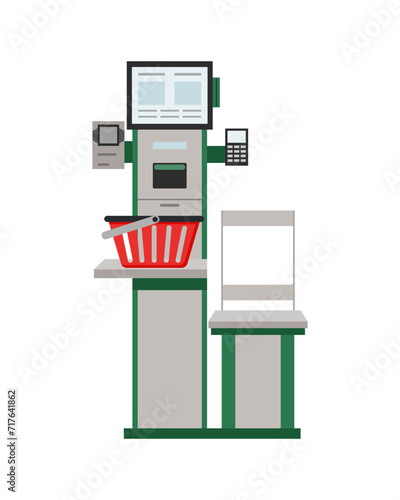 Self-service checkout in the supermarket isolated on white. Self-service terminal. Contactless payment.	