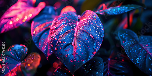 Colorful leaves with raining rain, in the style of neon realism, tropical baroque, mysterious backdrops, junglepunk, dark purple and light cyan photo