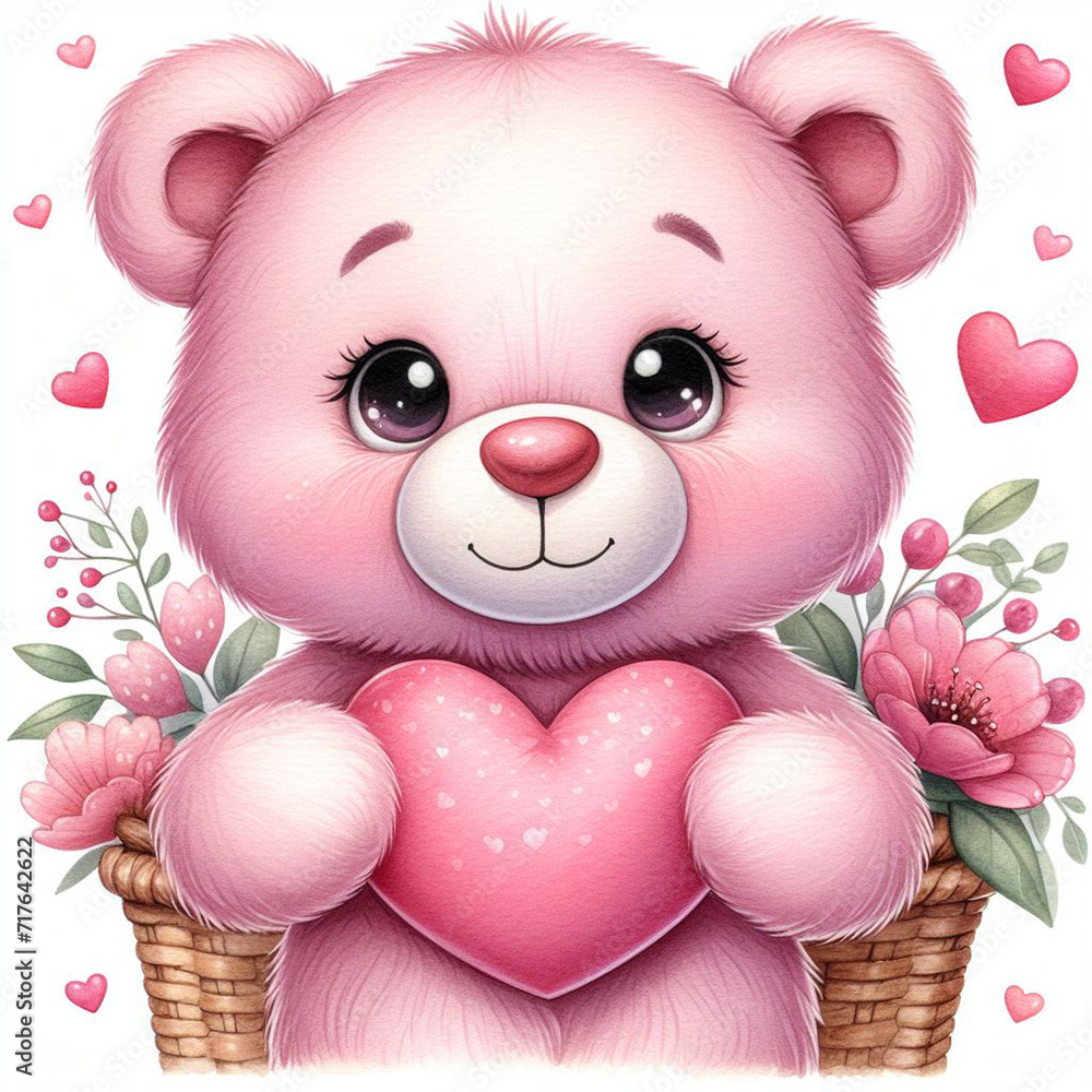 Valentine's Day with a delightful scene of a cheerful pink teddy bear clutching a heart-shaped and vibrant flowers. Floating red hearts around Valentine's Day with a delightful scene of a cheerful pink teddy bear clutching a heart-shaped and vibrant flowers. Floating red hearts around