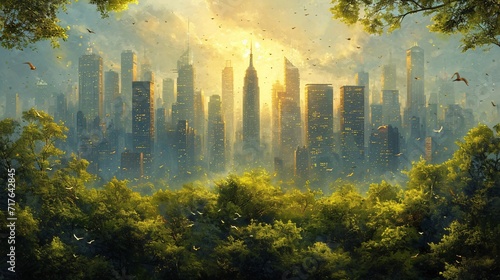 Sunrise in the City  A Glimpse of the Skyline Through the Trees Generative AI