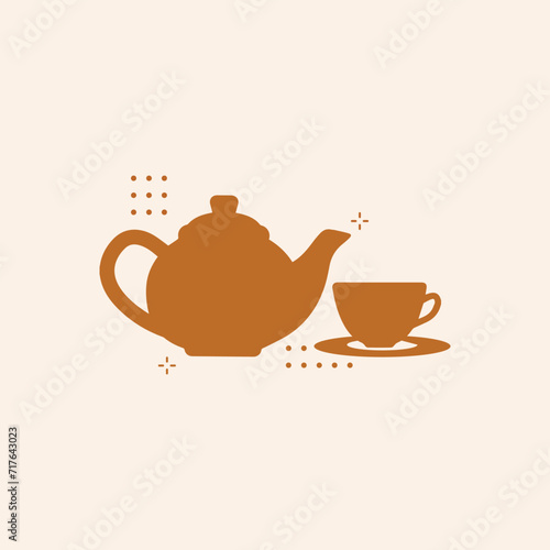 Tea cup and tea pot vector icon set banner cups, mugs and teapots with fresh hot tea. Hand drawn colorful Vector illustration.